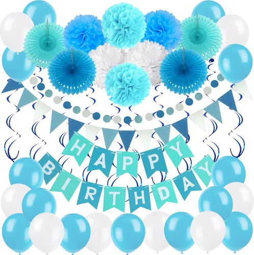 Miniatura 10 de ZERODECO Decoraciones de cumpleaños, decoraciones de fiesta azul marino y dorado con pancarta, pompones, globos para niños, niñas, hombres y mujeres