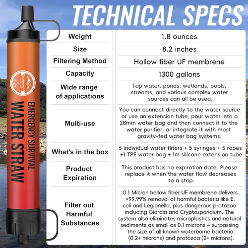 Miniatura 4 de Paquete de 5 filtros de agua con pajilla, kit de equipo de supervivencia para campamento y senderismo al aire libre, para uso familiar, popotes de 5