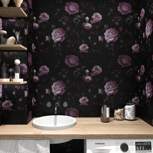 Miniatura 3 de Papel tapiz floral negro para despegar y pegar, papel tapiz de vinilo para pegar y pelar, papel de contacto rosa oscuro para gabinetes, papel