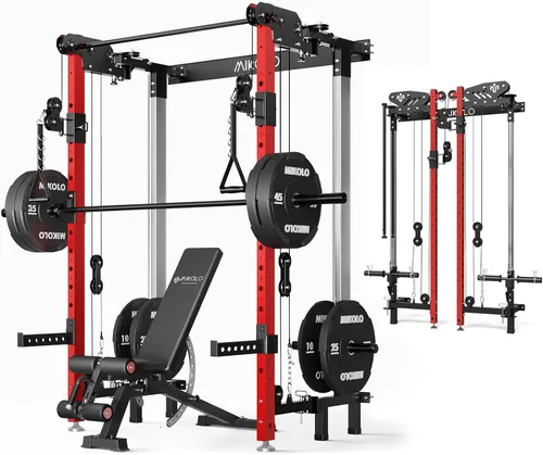 Miniatura 10 de Mikolo Folding Squat Rack, Wall Mounted Power Rack with Cable Crossover Machine & LAT Pull Down, Functional Trainer with 5 Adjustable Function