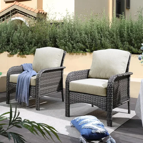 CAODOC Paquete de 2 sillas de mimbre para muebles de patio, sillas de ratán para exteriores con soporte para reposabrazos, 250 libras, color beige