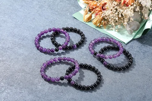 Miniatura 5 de Jovivi 2 pulseras elásticas de piedra curativa de obsidiana negra y amatista de 0.315 pulgadas, hechas a mano, piedras preciosas redondas naturales