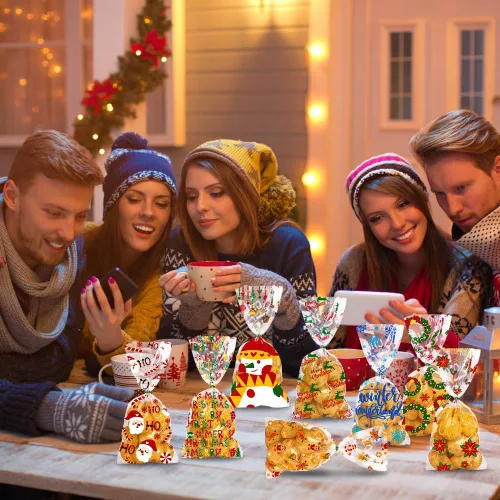 Miniatura 6 de DULEFUN 160 bolsas de celofán de Navidad, 8 estilos, transparentes para dulces, galletas, golosinas, bolsas de celofán con lazos de torsión