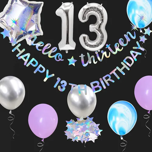 Miniatura 7 de Blue Omg Ur A Teenager - Cartel de feliz cumpleaños con flecos de papel de aluminio negro, telón de fondo plateado 13 para niños, decoración