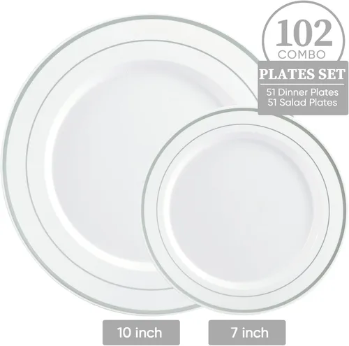 Miniatura 2 de FOCUSLINE Juego de 102 platos de plástico plateados, desechables, resistentes, 51 platos llanos y 51 platos de postre, elegante plato de plástico