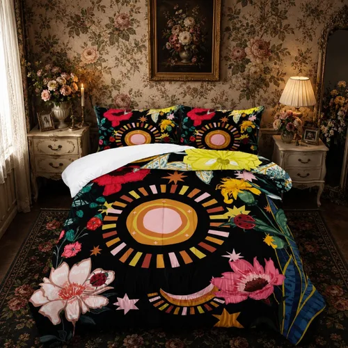 Miniatura 25 de Juego de edredón floral colorido de 3 piezas, juego de ropa de cama botánica bohemia tamaño queen, diseño boho de granja con flores y hojas impresas