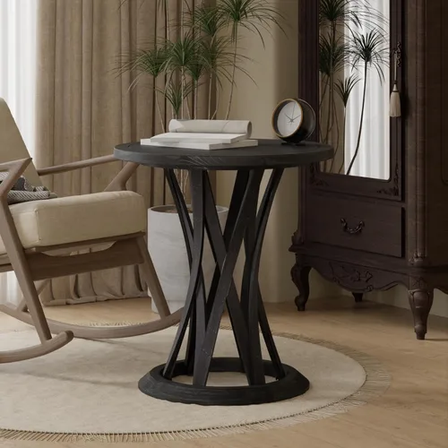 Miniatura 6 de COZAYH Mesa auxiliar redonda de granja con base de pedestal entrecruzada, mesa auxiliar con acabado envejecido, mesa decorativa rústica para sala