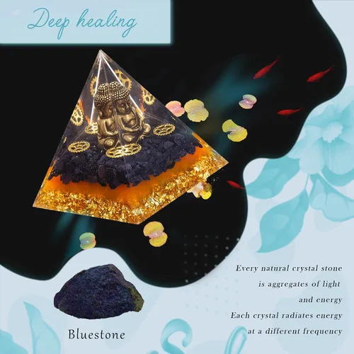 Miniatura 6 de FENGSHUI-CAISHEN Estatua de Little Buddha en pirámide de organita de cristal curativo, piedra arenisca azul con figura de Buda bebé, decoración
