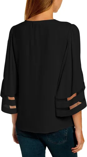 Miniatura 2 de luvamia Blusa casual con cuello en V para mujer, manga acampanada de 34 con panel de malla, blusa suelta