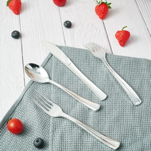 Miniatura 8 de FOCUSLINE Paquete de 300 cucharas desechables de plástico plateado de 6.8 pulgadas, cucharas de plástico sólido y duradero, cubiertos desechables