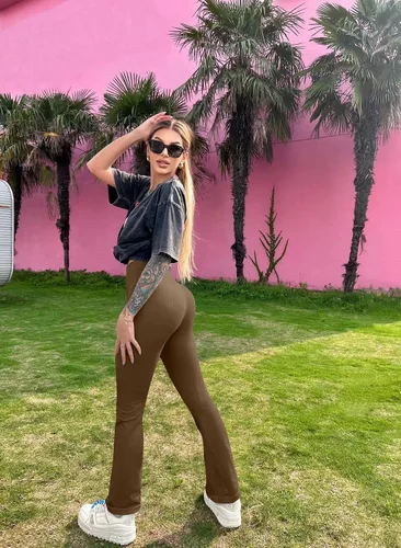 Miniatura 6 de OQQ - Pantalones deportivos de yoga de 2 piezas para mujer, tela acanalada, sin costuras, de cintura alta, leggings acampanados