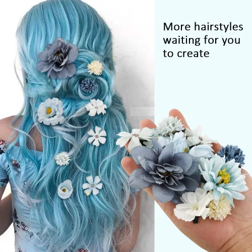 Miniatura 6 de Ahoney 12 pinzas para el cabello con flores bohemias para mujeres y niñas, múltiples flores artificiales hawaianas de gasa, accesorios para el Azul