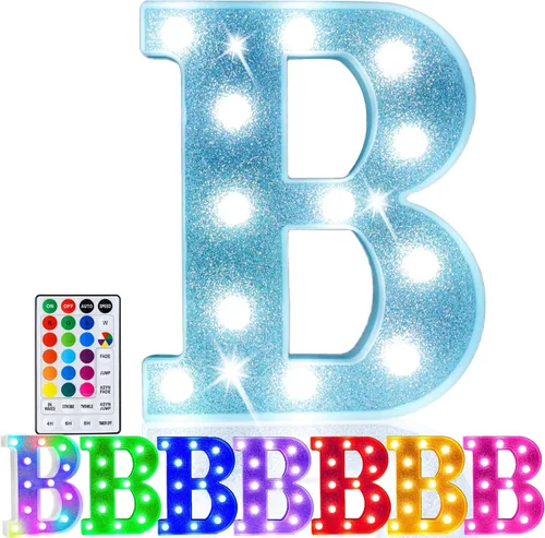 Pooqla Letras iluminadas coloridas, letrero de marquesina LED que funciona con pilas, lámpara de 18 colores con control remoto para fiesta de