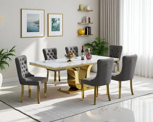 Miniatura 35 de Henf Juego de mesa de comedor de mármol sintético de 68 pulgadas para 6, juego de mesa de comedor de 7 piezas con 6 sillas copetudas de terciopelo