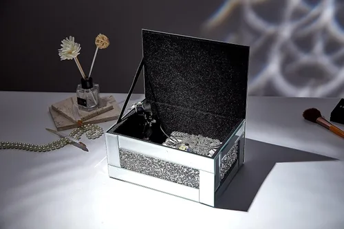 Miniatura 7 de BANQLE Caja de joyería caja de reloj organizador de maquillaje con espejo para tocador caja de tocador de cristal diamante triturado plateado