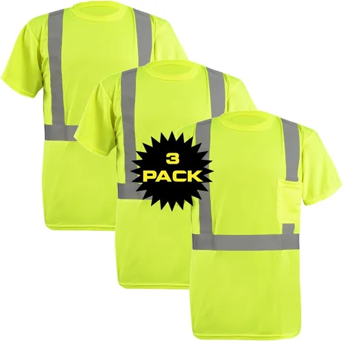 OccuNomix LUX-SSETP2B-YXL-PK03 Camiseta clásica estándar de alta visibilidad de manga corta con textura ojo de pájaro absorbente con bolsillo, clase