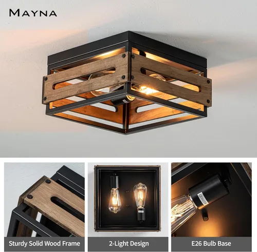 Miniatura 3 de MAYNA Lámpara de techo de granja, lámpara de techo rústica de 2 luces con montaje empotrado de metal y madera, accesorios de iluminación de pasillo