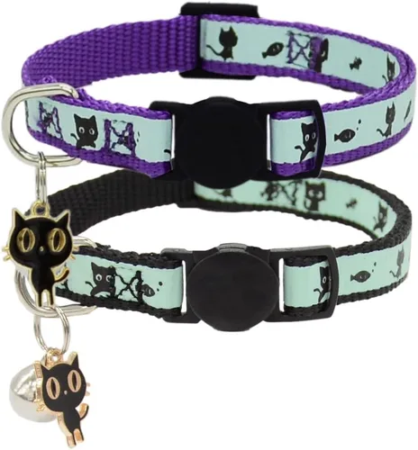 Paquete de 2 collares para gatos que brillan en la oscuridad con campana, collares de seguridad para cachorros con colgante morado y negro