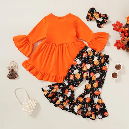 Miniatura 3 de Halloween Acción de Gracias niños ropa de calabaza pavo camiseta vestido + pantalones + diadema conjunto de otoño 3 piezas