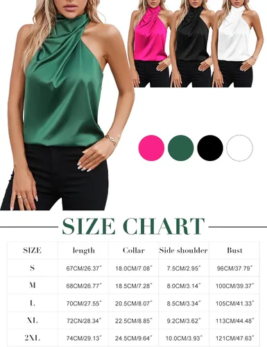 Miniatura 6 de Famulily Camiseta de satén con cuello alto falso para mujer, sexy, sin mangas, casual, de verano, sedosa, con botón en la espalda