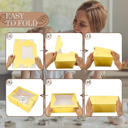 Miniatura 4 de KPOSIYA 65 PCS Cajas para Galletas de 8x6x2.5 Pulgadas con Ventana Cajas Doradas de Panadería Cajas de Repostería para Regalar, Golosinas, Postre