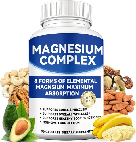 Complejo de magnesio de 1000 mg con 8 formas: glicinato, citrato, malato, taurato para absorción, apoya hueso, músculo, energía y recuperación,