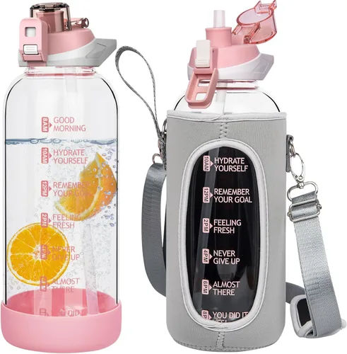 Miniatura 12 de Botella de agua deportiva de vidrio de 32 onzas con popote y marcador de tiempo, botella de vidrio motivacional reutilizable grande para agua Rosa