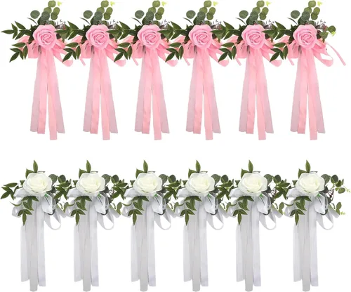 Miniatura 8 de Decoraciones de pasillo para ceremonia de boda, 6 piezas de rosas artificiales para decoración de pasillo de boda con cintas, decoración floral