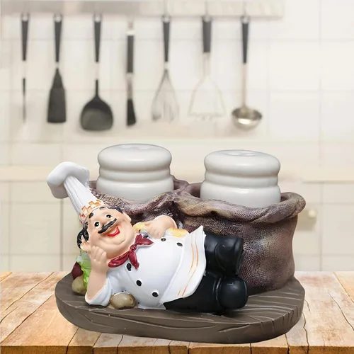 Miniatura 8 de Juego de salero y pimentero, estatua decorativa de chef sentado, organizador de especias, tarros de especias de vidrio con soporte, figura de regalo