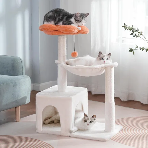 Miniatura 7 de Árbol de flores para gatos de 34 pulgadas, torre pequeña para gatos grandes, con hamaca grande de 15.7 pulgadas, cama superior extraíble