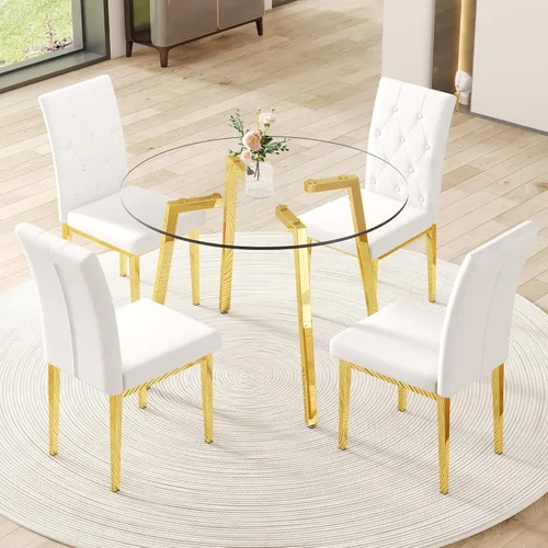 Miniatura 36 de Juego de mesa de comedor de cristal para 4, mesa rectangular con 4 sillas de cocina de cuero gris, juego de comedor de cocina de 51 pulgadas, mesa 4