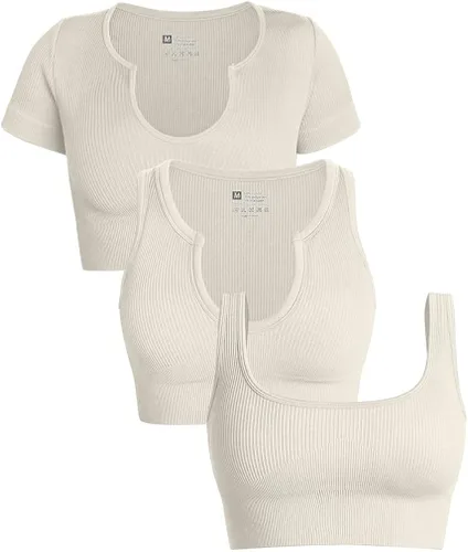 GXIN Conjunto de 3 piezas de entrenamiento acanalado sin costuras para mujer, camiseta de manga corta para yoga, brasier deportivo sexy + camiseta