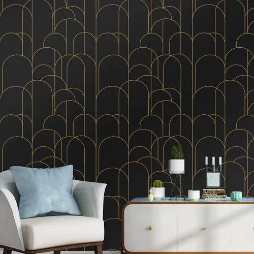 Papel tapiz para despegar y pegar, moderno papel tapiz geométrico negro/dorado, 17.71 x 118 pulgadas, papel tapiz autoadhesivo extraíble, papel