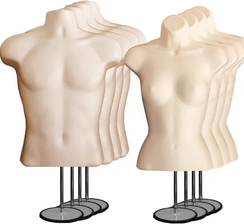 Miniatura 20 de Torso de maniquí masculino y femenino con soporte de metal, cuerpo hueco en la espalda, forma de vestido apilable para exhibición de camisetas, Gris