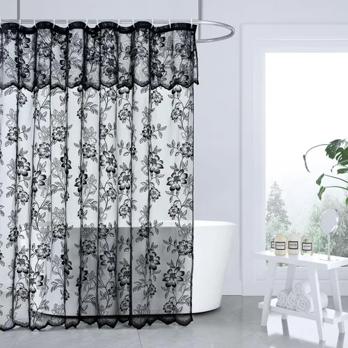 FINECITY Cortina de ducha de encaje negro para baño, cortina de ducha de encaje rústico vintage con cenefa adjunta, panel de cortina de ducha
