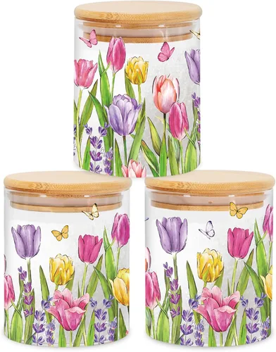 Miniatura 11 de JarThenaAMCS 3 Frascos de Almacenamiento de Vidrio Floral de Primavera con Tapa Hermética Tulipán Flor Gnomo Camión Mariposa Juegos de Recipientes