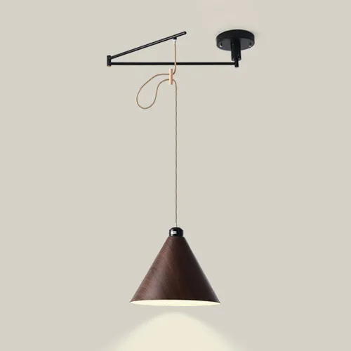 Lámpara colgante ajustable con brazo oscilante, lámpara colgante de metal negro, lámpara de techo de grano de madera nórdica, iluminación moderna de