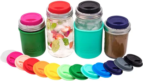 Miniatura 2 de Tapa de silicona para beber con banda de acero inoxidable para tarros Mason (Americana multicolor, boca regular)