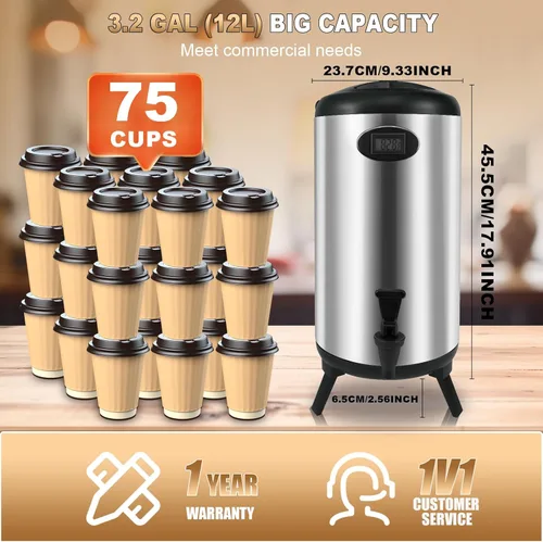 Miniatura 8 de Dispensador de bebidas aislado de 3.2 galones, dispensador térmico de bebidas calientes, dispensador de bebidas frías y calientes con grifo