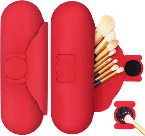 Miniatura 8 de Soporte para brochas de maquillaje de viaje con almohadilla de limpieza, estuche organizador de cepillos de silicona, cierre magnético, bolsa