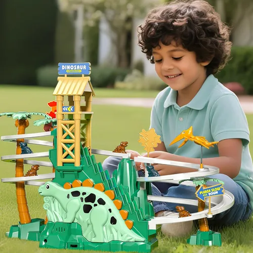 Miniatura 8 de JUKUDAHU Pista de Escalada y Deslizamiento de Dinosaurios para Niños de 3, 4, 5, 6, 7, 8 años - Juego de Pista de Carreras, Juguete de Coche