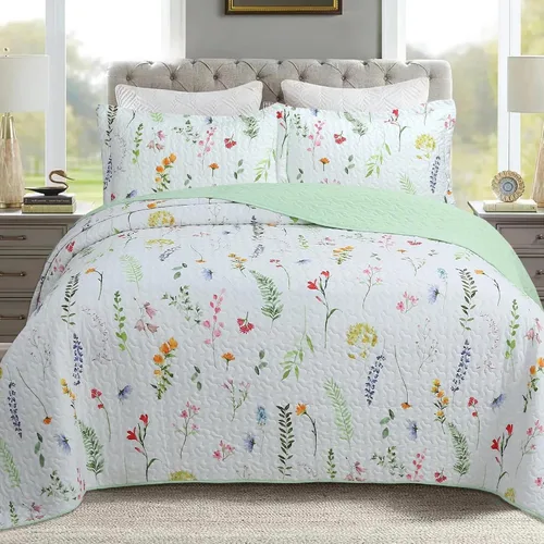 Miniatura 20 de MarCielo Juego de edredón de 3 piezas con estampado floral, juego de colcha ligera (tinta floral, King)