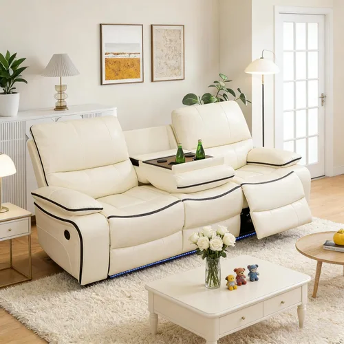 Miniatura 35 de Juego de sofá reclinable de cuero eléctrico con LED, juego de sala de estar de cuero, juego de sofá reclinable con puerto USB/soporte