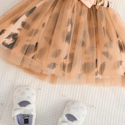 Miniatura 6 de Conjunto de 2 piezas de vestido de malla con estampado de leopardo, manga con volantes, falda con lazo y diadema, para niñas pequeñas