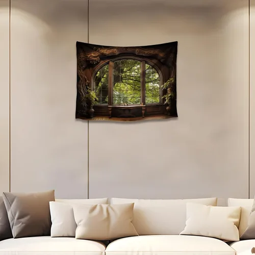 Miniatura 34 de QGHOT Tapiz de bosque brumoso, tapiz de montaña natural para colgar en la pared, paisaje de acuarela verde salvia, arte de pared para dormitorio