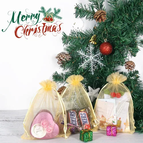 Miniatura 7 de HRX Package 100 bolsas de organza doradas, 5 x 7 pulgadas, malla con cordón, bolsas de regalo, bolsas de joyería para dulces de Navidad, recuerdos