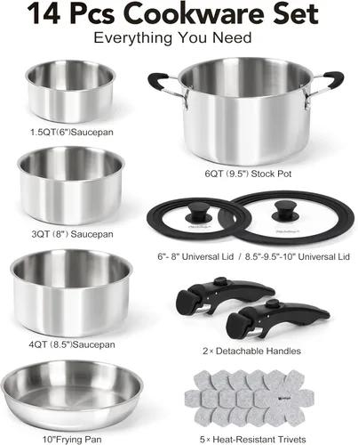 Miniatura 8 de Michelangelo Juego de utensilios de cocina de acero inoxidable de tres capas de 14 piezas con mango desmontable, juego de utensilios de cocina
