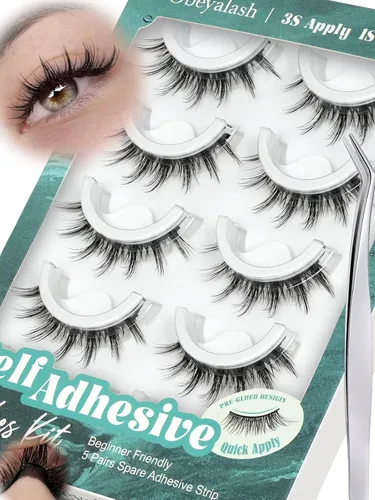 Miniatura 7 de Obeyalash Pestañas autoadhesivas de ojo de gato, banda negra y adhesivo negro, pestañas postizas a presión, 5 pares de pestañas postizas de aspecto