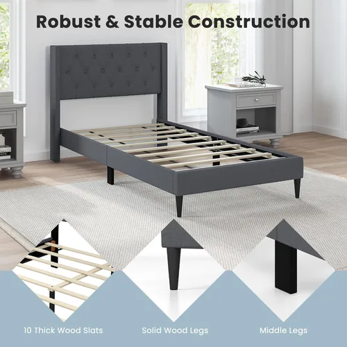 Miniatura 7 de Giantex Base de cama de plataforma de tamaño individual con respaldo de alas, base de cama tapizada de tela con cabecera capitonada con botones