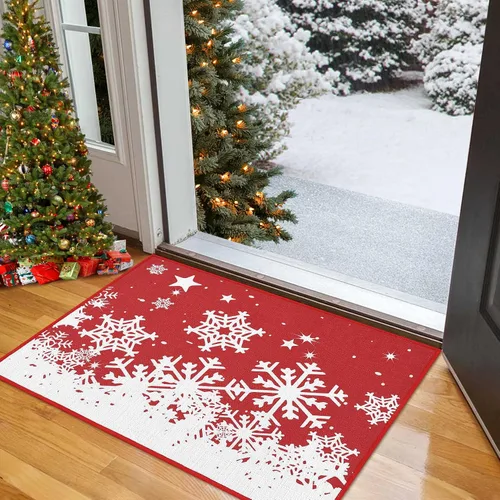 Miniatura 10 de CAROMIO Tapete Navideño para Puerta de Vacaciones Navideñas de Cuadros Buffalo, Tapete de Puerta de Invierno Navideño con Copos de Nieve a Cuadros